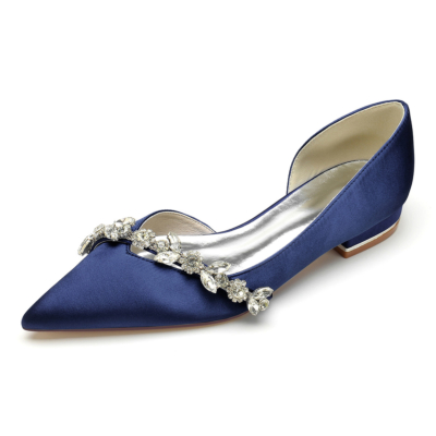 Chaussures plates confortables en satin bleu marine découpées D'orsay avec strass