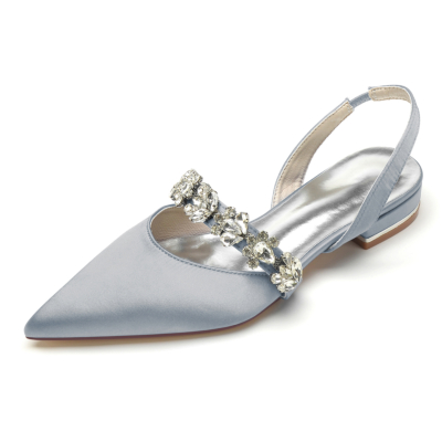 Chaussures plates en satin gris avec strass à bout pointu