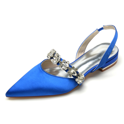 Chaussures plates à bout pointu avec strass en satin bleu royal