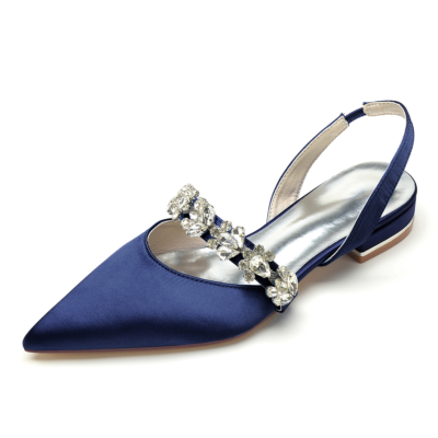 Chaussures plates en satin bleu marine avec strass et bout pointu