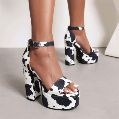 Sandales à plateforme à talon carré et imprimé vache blanc et noir Chaussures à plateforme épaisses avec bride à la cheville