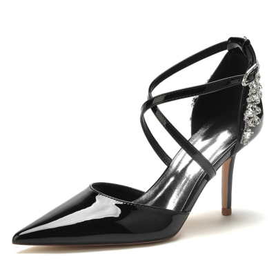 Escarpins D'orsay ornés de bijoux à l'arrière noirs à bretelles croisées chaussures talons de bureau
