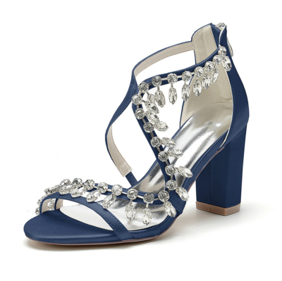 Sandales à brides croisées en cristal bleu marine à talons blocs Sandales de mariée à bout ouvert et fermeture éclair
