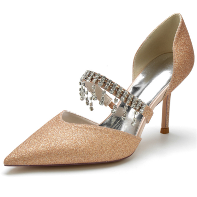Champagne Crystal Embelli Strap D'orsay Pompes Chaussures Glitter Stiletto Heels Pour Mariage