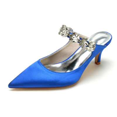 Chaussures Mule à Bretelles en Cristal Bleu Royal Escarpins Robe de Mariée en Satin Talons Bas