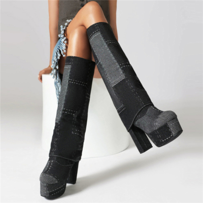 Bottes à plateforme pliables en denim noir, talons blocs, bottes hautes aux genoux
