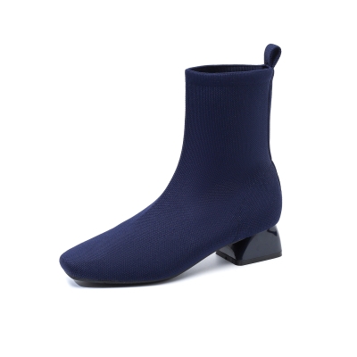 Bottines chaussettes confortables en maille élastique bleu marine à talon bloc et bout carré