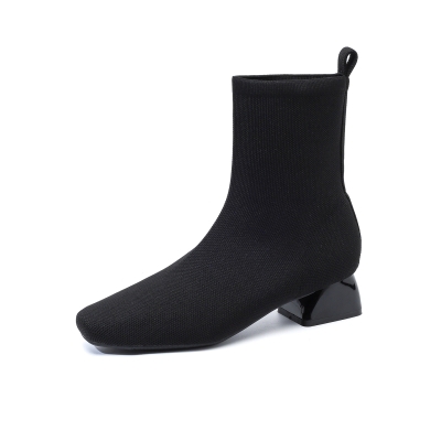 Bottines chaussettes noires en maille élastique confortables à talon bloc et bout carré
