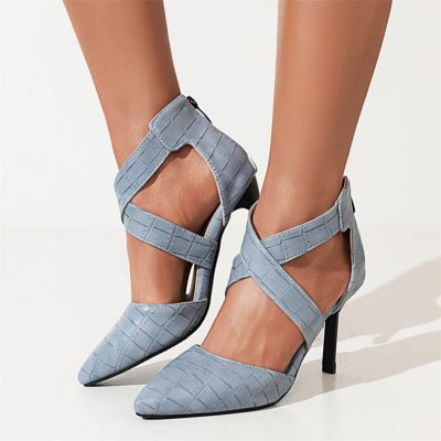 Sandales à Talons Aiguilles Impression Croco Bleu Chaussures à Lanières Croisées Avec Zip