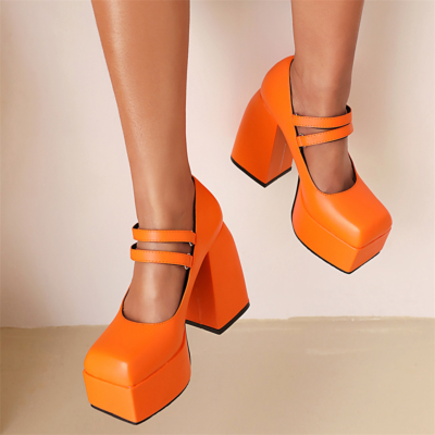 Mary Janes En Plate-Forme Orange à Talon épais Double Lanières à Bout Carré Chaussures