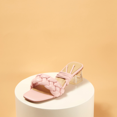 Sandales rembourrées à bout carré rose Mule à talon transparent