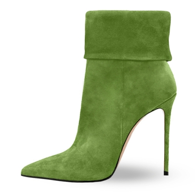 Bottines à talons aiguilles vertes en faux daim, revers à la cheville, bout pointu