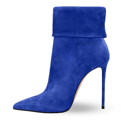 Bottines bleu roi en faux daim à revers et bout pointu, style talons aiguilles