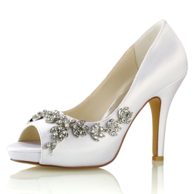 Blanc Satin Peep Toe Chaussures De Mariage Strass Fleurs Talon Aiguille Plateforme Pompes