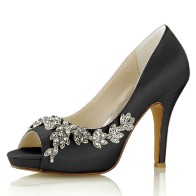 Chaussures de mariage peep toe en satin noir fleurs strass escarpins à plateforme talon aiguille