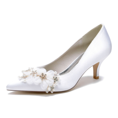Escarpins à talons chaton de demoiselle d'honneur à fleurs blanches, chaussures de mariage en satin