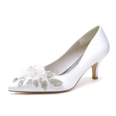Escarpins à fleurs blanches, talons chaton, chaussures de mariage en satin pour demoiselles d'honneur