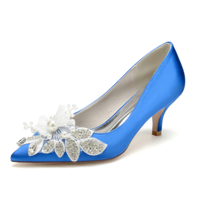 Escarpins à fleurs bleu royal, talons chaton, chaussures de mariage en satin pour demoiselles d'honneur