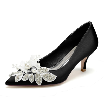 Escarpins à fleurs noires à talons chaton, chaussures de mariage en satin pour demoiselles d'honneur