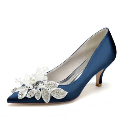 Escarpins à fleurs bleu foncé à talons chaton, chaussures de mariage en satin pour demoiselles d'honneur