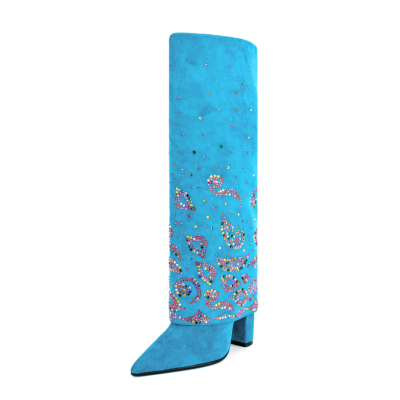 Pliez bleu sur les bottes bottes hautes colorées de talon de bloc de paillette pour la partie