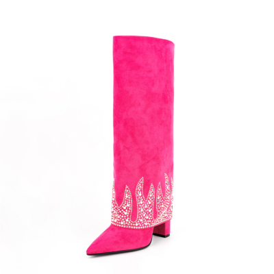 Fuchsia Fold Over Boots Sequin Block Heel Bottes hautes pour la fête