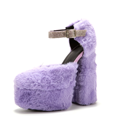 Chaussures de fête en fourrure violettes à talons blocs et à plateforme avec bride à la cheville et strass