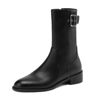 Bottines noires en cuir véritable à bout rond et fermeture éclair latérale, bottes à talons épais