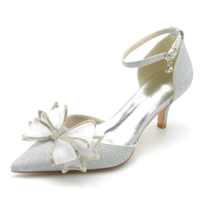 Argent Glitter Bow Pumps D'orsay Kitten Heels Chaussures à paillettes pour mariage