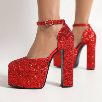 Escarpins rouges à paillettes D'orsay, talons blocs à paillettes, bride à la cheville, robes, chaussures