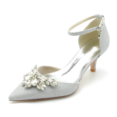 Escarpins D'orsay ornés de paillettes argentées Chaussures à talons chaton avec bride à la cheville