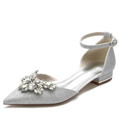 Chaussures de mariage en strass à paillettes argentées avec bride à la cheville et bijoux D'orsay