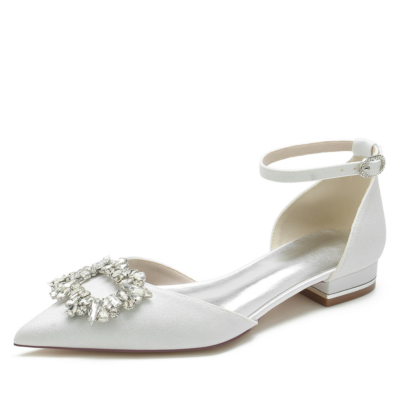 Blanc Glitter Strass Boucle Cheville Strap D'orsay Appartements Confortables Chaussures Plates