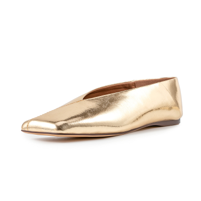 Chaussures plates en cuir métallisé doré à bout carré et confortables