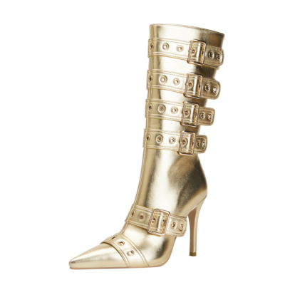 Bottes hauteur genou à lanières métallisées dorées, bottes habillées à boucle et talon aiguille