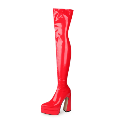 Plate-forme rouge à talons épais sur les bottes au genou Bottines longues à glissière au dos