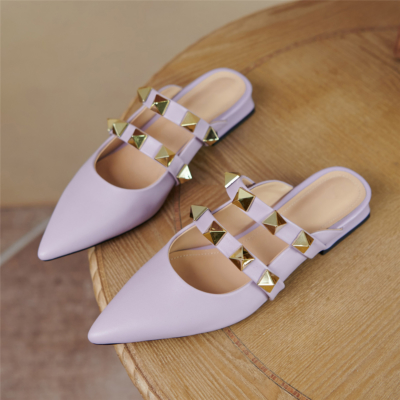 Mules En Cuir Lilas Rivets Bouts Pointus Mary Jane Flats Mules