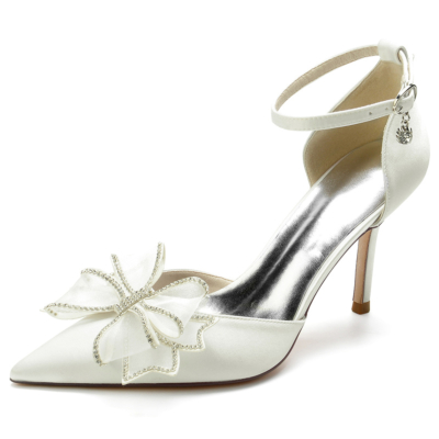 Chaussures de mariage en satin ivoire bride à la cheville escarpins à bout pointu avec nœud