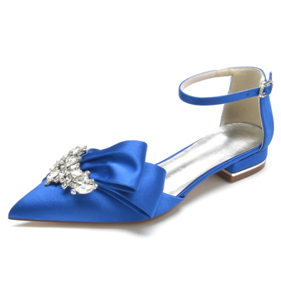 Chaussures plates en satin bleu royal avec nœud bijou et bride à la cheville pour mariée D'orsay avec strass