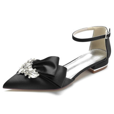 Chaussures plates noires à nœud bijou et bride à la cheville, chaussures de mariée en satin avec strass D'orsay