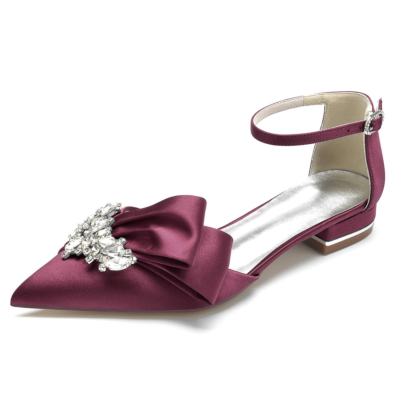 Chaussures plates en satin avec nœud bijou et bride à la cheville pour mariée D'orsay avec strass