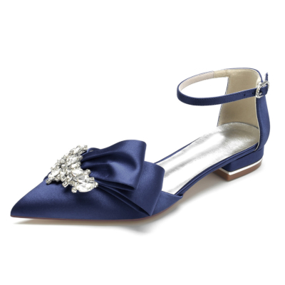 Chaussures plates en satin avec nœud bijou et bride à la cheville pour mariée D'orsay avec strass