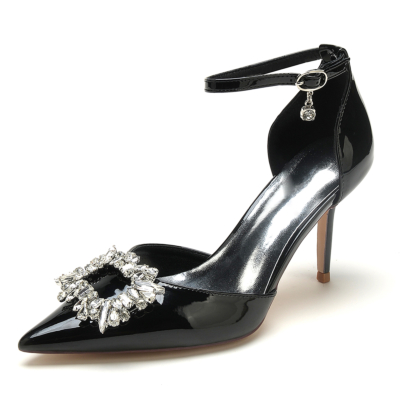 Chaussures de bureau noires à boucle ornée de bijoux, escarpins à talons D'orsay à bout pointu