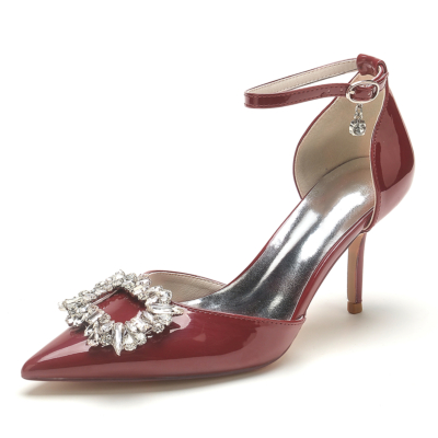 Chaussures de bureau à boucle ornée de bijoux bordeaux Escarpins à talons D'orsay à bout pointu