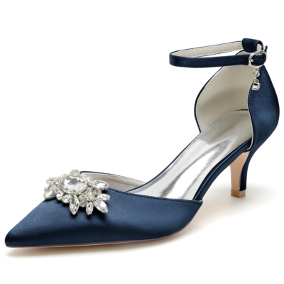 Escarpins D'orsay à talons chaton ornés de bijoux bleu foncé, chaussures de mariage en satin avec bride à la cheville