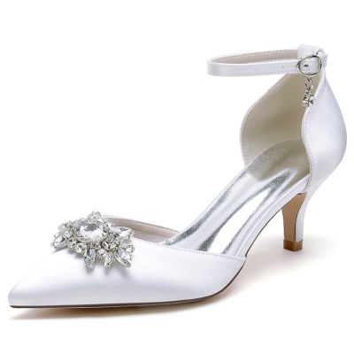 Escarpins D'orsay à talons chaton ornés de bijoux blancs, chaussures de mariage en satin avec bride à la cheville