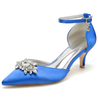 Escarpins D'orsay à talons chaton ornés de bijoux bleu royal, chaussures de mariage en satin avec bride à la cheville