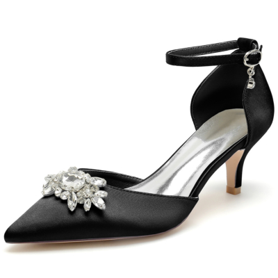 Escarpins D'orsay à talons chaton ornés de bijoux noirs, chaussures de mariage en satin avec bride à la cheville