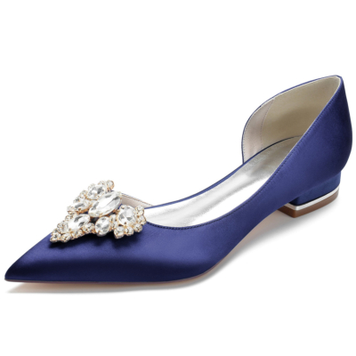 Chaussures plates de mariée en satin bleu royal avec bijoux, robes à enfiler, chaussures plates D'orsay