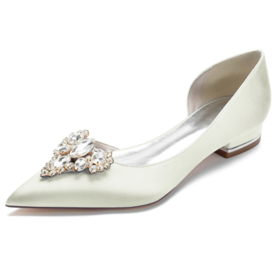 Chaussures plates de mariée en satin beige avec bijoux, robes à enfiler, chaussures plates D'orsay